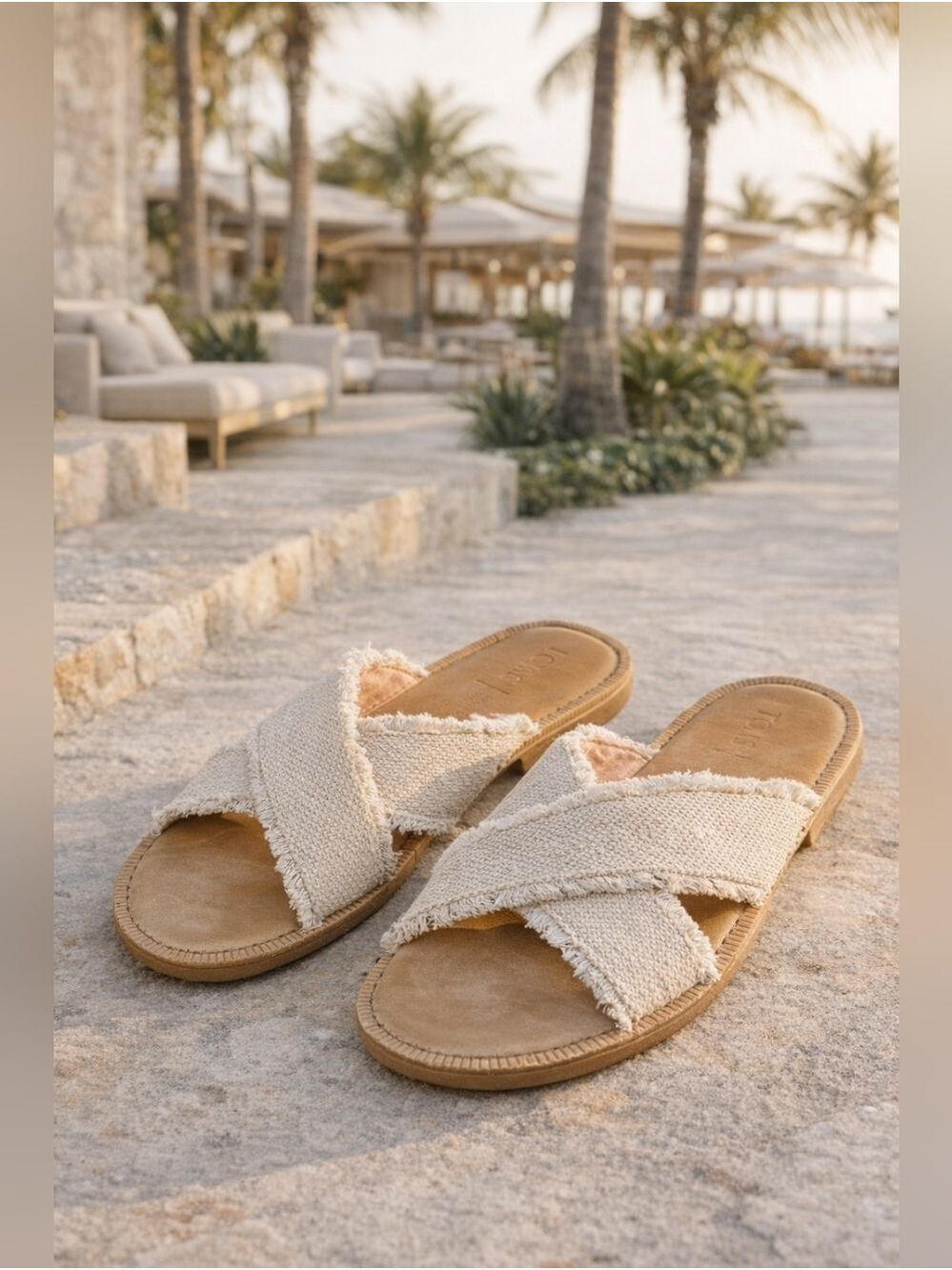 TOMS 9.5 Frayed Cross Strap Slide Sandals Cream Boho Slip-On - Picture 2 of 8